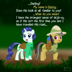 Size: 1500x1500 | Tagged: safe, artist:phallen1, daring do, oc, oc:precious jade, pony, g4, alternate character interpretation, alternate universe, atg 2012, atg 2018, chopsticks in hair, clothes, daringverse, deja vu, dialogue, hair bun, jungle, newbie artist training grounds, not rarity, redraw, saddle bag, walking