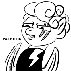 Size: 709x703 | Tagged: safe, artist:velgarn, rolling thunder, pegasus, pony, the washouts (episode), black and white, clothes, disappointed, drawthread, eye scar, female, grayscale, mare, monochrome, pathetic, principal skinner, reaction image, requested art, scar, simple background, solo, the simpsons, uniform, washouts uniform, white background