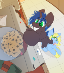 Size: 2420x2754 | Tagged: safe, artist:ralek, oc, oc only, oc:art's desire, oc:lock down, pony, unicorn, cash, colt, cookie, cookie jar, cookie thief, cute, explicit source, facehoof, female, filly, fisheye lens, foal, food, happy, high res, horn, kitchen, letter, magnet, male, mare, money, ocbetes, perspective, refrigerator, smiling, tile, unicorn oc, wingding eyes