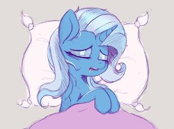 Size: 1027x760 | Tagged: safe, artist:tre, trixie, pony, unicorn, g4, blanket, cute, diatrixes, drool, eyes closed, female, mare, open mouth, pillow, sleeping, solo