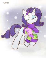 Size: 860x1080 | Tagged: safe, artist:howxu, rarity, pony, unicorn, g4, clothes, cropped, eyes closed, female, mare, snow, solo, winter