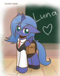 Size: 860x1080 | Tagged: safe, artist:howxu, princess luna, alicorn, pony, g4, chalkboard, clothes, cropped, cute, female, looking at you, lunabetes, mare, school uniform, solo