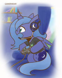 Size: 860x1080 | Tagged: safe, artist:howxu, princess luna, alicorn, pony, gamer luna, g4, controller, cropped, cute, female, filly, gamer, gamer woona, headset, lunabetes, mare, solo, woona, xbox, younger