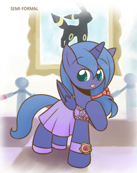 Size: 860x1080 | Tagged: safe, artist:howxu, princess luna, alicorn, pony, umbreon, clothes, cropped, cute, dress, female, looking at you, lunabetes, mare, painting, pokémon, pokémon gold and silver, solo