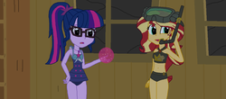 Size: 1600x706 | Tagged: safe, artist:thomaszoey3000, sci-twi, sunset shimmer, twilight sparkle, equestria girls, equestria girls series, g4, clothes, legs together, sci-twi swimsuit, swimsuit