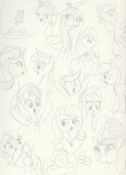 Size: 2464x3424 | Tagged: safe, artist:taurson, applejack, fluttershy, pinkie pie, queen chrysalis, starlight glimmer, sweetie belle, trixie, twilight sparkle, earth pony, pony, unicorn, g4, atg 2018, floppy ears, high res, messy mane, newbie artist training grounds, pencil drawing, sketch, traditional art