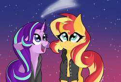Size: 1240x847 | Tagged: safe, artist:balychen, starlight glimmer, sunset shimmer, pony, unicorn, g4, clothes, duo, hoodie, night, open mouth, shooting star, smiling, stars