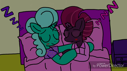 Size: 1280x720 | Tagged: safe, artist:徐詩珮, glitter drops, tempest shadow, g4, bed, clothes, female, lesbian, night, pajamas, ship:glittershadow, shipping, sleeping, zzz