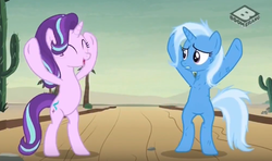 Size: 672x398 | Tagged: safe, screencap, starlight glimmer, trixie, pony, unicorn, g4, road to friendship, bipedal, boomerang (tv channel), cactus, duo, female, mare, messy mane