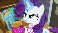 Size: 1920x1080 | Tagged: safe, screencap, rarity, pony, g4, the end in friend, boots, crown, crown of grover, female, glitter boots, jewelry, magic, magnifying glass, mare, regalia, shoes, solo