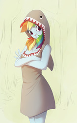 Size: 1031x1639 | Tagged: safe, artist:vistamage, rainbow dash, equestria girls, g4, birbshark, breasts, busty rainbow dash, cleavage, clothes, costume, crossed arms, female, looking at you, shark costume, sketch, solo