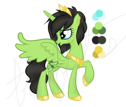 Size: 600x508 | Tagged: safe, artist:flufflesauce, artist:mayrinmewmew, oc, oc only, oc:wilted ivy, alicorn, pony, black, female, gold, green, princess, reference sheet, solo