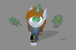 Size: 1920x1280 | Tagged: safe, artist:thistledsky, oc, oc only, oc:littlepip, pony, unicorn, fallout equestria, bobby pin, clothes, curious, fanfic, fanfic art, female, glowing horn, gray background, hooves, horn, jumpsuit, levitation, lineless, lockpicking, looking at you, magic, mare, pipbuck, saddle bag, screwdriver, simple background, solo, telekinesis, vault suit