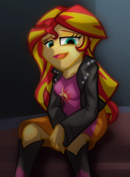 Size: 1900x2600 | Tagged: safe, artist:geraritydevillefort, sunset shimmer, equestria girls, g4, boots, clothes, female, jacket, leather, leather jacket, shirt, shoes, sitting, skirt, smiling, solo
