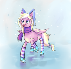 Size: 1550x1500 | Tagged: artist needed, source needed, safe, oc, oc only, oc:bay breeze, pegasus, pony, clothes, female, ice skating, scarf, snow, socks, solo, striped socks, tongue out