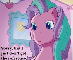 Size: 528x432 | Tagged: safe, edit, edited screencap, editor:korora, screencap, sweetberry, pony, g3, the runaway rainbow, confused, cropped, picture frame, reaction image, text, whoosh (reaction image)