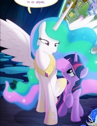 Size: 1841x2387 | Tagged: safe, artist:light262, artist:lummh, princess celestia, twilight sparkle, alicorn, pony, comic:timey wimey, g4, cropped, duo, ethereal mane, female, hoof shoes, mare, momlestia, spread wings, touch, twilight sparkle (alicorn), weird leg anatomy, wings