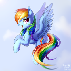 Size: 2148x2148 | Tagged: safe, artist:rikadiane, rainbow dash, pegasus, pony, g4, female, flying, high res, mare, smiling, solo, spread wings, wings