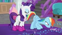 Size: 1920x1080 | Tagged: safe, screencap, rainbow dash, rarity, pony, g4, the end in friend, azurantium, boots, glitter, glitter boots, shoes