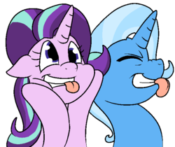 Size: 631x531 | Tagged: safe, artist:bennimarru, starlight glimmer, trixie, g4, flat colors, scrunchy face, silly face, simple background, smiling, tongue out, transparent background