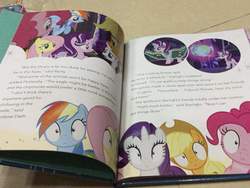 Size: 960x720 | Tagged: safe, applejack, fluttershy, pinkie pie, rainbow dash, rarity, starlight glimmer, every little thing she does, g4, book, fiducia compellia, irl, mind control, photo