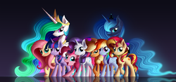 Size: 6000x2813 | Tagged: safe, artist:duskie-06, applejack, fluttershy, pinkie pie, princess celestia, princess luna, rainbow dash, rarity, sunset shimmer, twilight sparkle, alicorn, earth pony, pegasus, pony, unicorn, g4, absurd resolution, female, group, looking at you, mane six, mare, open mouth, reflection, royal sisters, smiling, twilight sparkle (alicorn)