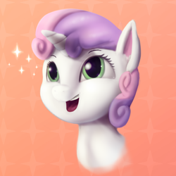 Size: 1092x1092 | Tagged: safe, artist:starkdust, sweetie belle, pony, unicorn, g4, bust, female, open mouth, simple background, smiling, solo