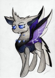 Size: 2445x3473 | Tagged: safe, artist:luxiwind, oc, oc only, oc:serna, changedling, changeling, female, high res, sad, signature, simple background, solo, spread wings, traditional art, white background, wings