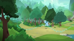 Size: 1920x1080 | Tagged: safe, screencap, rainbow dash, pony, g4, the end in friend, azurantium, female, flying, forest, mare, path, solo, tree