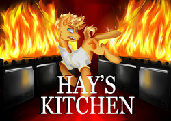 Size: 4960x3507 | Tagged: safe, artist:dankpegasista, gourmand ramsay, pony, unicorn, g4, blonde hair, carpet, chef, cook, dangerous, fire, gordon ramsay, hell's kitchen, kitchen, male, oven, ponified, poster, red carpet, solo, stallion, stove