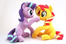 Size: 3000x2000 | Tagged: safe, artist:nekokevin, starlight glimmer, sunset shimmer, pony, unicorn, series:nekokevin's glimmy, g4, boop, cute, duo, female, glimmerbetes, high res, irl, looking at each other, mare, photo, plushie, shimmerbetes, simple background, sitting, smiling, white background
