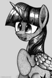 Size: 1196x1779 | Tagged: safe, artist:dsana, twilight sparkle, alicorn, pony, g4, female, mare, monochrome, sketch, solo, twilight sparkle (alicorn)