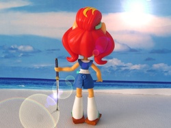 Size: 1600x1200 | Tagged: safe, artist:whatthehell!?, sunset shimmer, equestria girls, g4, beach, clothes, doll, equestria girls minis, eqventures of the minis, irl, japanese, katana, merchandise, ocean, photo, sand, sandals, shoes, skirt, socks, sun, sunset sushi, sword, toy, weapon