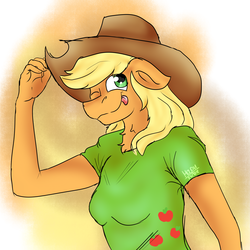 Size: 3000x3000 | Tagged: safe, artist:euspuche, applejack, earth pony, anthro, g4, abstract background, high res, looking at you, tongue out