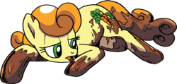 Size: 1465x697 | Tagged: safe, artist:pencils, idw, official comic, carrot top, golden harvest, earth pony, pony, g4, spoiler:comic, spoiler:comic69, background removed, chocolate, female, food, mare, simple background, solo, transparent background