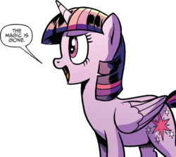 Size: 1019x910 | Tagged: safe, artist:pencils, idw, official comic, twilight sparkle, alicorn, pony, g4, spoiler:comic, spoiler:comic69, background removed, female, mare, simple background, solo, speech bubble, the magic is gone, transparent background, twilight sparkle (alicorn)