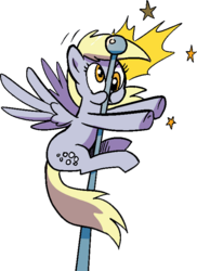 Size: 548x753 | Tagged: safe, artist:pencils, idw, official comic, derpy hooves, pegasus, pony, g4, spoiler:comic, spoiler:comic69, background removed, crash, female, mare, pole, simple background, solo, stars, transparent background