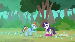 Size: 1920x1080 | Tagged: safe, screencap, rainbow dash, rarity, pony, g4, the end in friend, azurantium, boots, glitter boots, shoes, tree