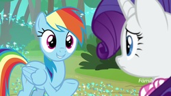 Size: 1920x1080 | Tagged: safe, screencap, rainbow dash, rarity, pegasus, pony, unicorn, g4, the end in friend, azurantium, cute, dashabetes, female, looking at each other, mare, raised hoof, smiling