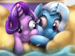 Size: 2938x2204 | Tagged: safe, artist:blackligerth, starlight glimmer, trixie, pony, unicorn, g4, road to friendship, cheek squish, cheek to cheek, cute, diatrixes, eye contact, female, friendshipping, glimmerbetes, high res, i guess we're stuck together, inflatable, inflatable raft, looking at each other, mare, prone, raft, shipping fuel, snuggling, squished, squishy, squishy cheeks, we're friendship bound