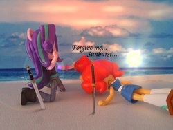 Size: 1300x975 | Tagged: safe, artist:whatthehell!?, starlight glimmer, sunset shimmer, equestria girls, g4, beach, clothes, doll, equestria girls minis, eqventures of the minis, implied sunburst, irl, japanese, katana, merchandise, ocean, photo, sand, sandals, shoes, skirt, socks, sun, sunset, sunset sushi, sword, toy, weapon