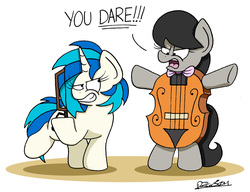 Size: 1989x1528 | Tagged: safe, artist:bobthedalek, dj pon-3, octavia melody, vinyl scratch, earth pony, pony, unicorn, g4, angry, atg 2018, bipedal, bow (instrument), cello, grin, musical instrument, newbie artist training grounds, redraw, smiling, transformation