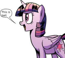 Size: 1019x910 | Tagged: safe, artist:pencils, edit, idw, official comic, twilight sparkle, alicorn, pony, g4, spoiler:comic, spoiler:comic69, background removed, female, mare, reaction image, simple background, solo, speech bubble, the magic is gone, this is bait, transparent background, twilight sparkle (alicorn)