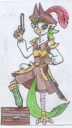 Size: 529x929 | Tagged: safe, artist:kuroneko, derpibooru exclusive, captain celaeno, parrot pirates, g4, my little pony: the movie, amputee, colored pencil drawing, female, gun, hat, monochrome, one eye closed, peg leg, pirate, pirate hat, prosthetic leg, prosthetic limb, prosthetics, simple background, solo, sword, traditional art, treasure chest, weapon, white background, wink