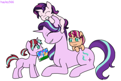 Size: 1280x862 | Tagged: safe, artist:hayley566, starlight glimmer, oc, oc:daydream flare, oc:daylight gleam, oc:evening glitter, pony, unicorn, icey-verse, g4, cute, description is relevant, drawing, eyes closed, family, female, filly, glimmerbetes, lesbian, magical lesbian spawn, mare, mother and daughter, mouth hold, not sunset shimmer, offspring, parent:starlight glimmer, parent:sunset shimmer, parents:shimmerglimmer, picture, ship:shimmerglimmer, shipping, simple background, smiling, transparent background, younger