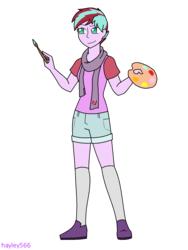 Size: 960x1280 | Tagged: safe, artist:hayley566, oc, oc only, oc:daylight gleam, equestria girls, g4, clothes, easel, equestria girls-ified, female, hipster, kneesocks, magical lesbian spawn, offspring, paint, paintbrush, palette, parent:starlight glimmer, parent:sunset shimmer, parents:shimmerglimmer, scarf, shoes, shorts, simple background, socks, solo, transparent background