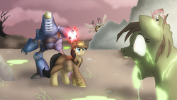 Size: 1920x1080 | Tagged: safe, artist:faith-wolff, pinkie pie, oc, oc:cogs fixmore, earth pony, ghoul, glowing one, pony, robot, fallout equestria, g4, clothes, coat, commission, dead tree, fanfic, fanfic art, female, feral ghouls, glowing, hat, laser, looking at you, male, mare, ministry mares, ministry of morale, pinkie pie is watching you, poster, propaganda, protectron, saddle bag, smiling, spritebot, stallion, teeth, text, tree, wasteland