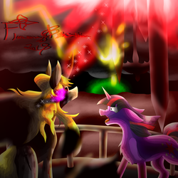 Size: 5800x5800 | Tagged: safe, artist:florarena-kitasatina/dragonborne fox, twilight sparkle, pony, umbrum, g4, absurd resolution, balcony, coat markings, crossover, curved horn, dramatic lighting, epic battle fantasy, floppy ears, flowing mane, horn, horrified, lightning, limit break, matt (epic battle fantasy), mottled coat, ow the edge, ponified, ragnarok, red eyes take warning, red sky, redraw, shield, signature, slit pupils, socks (coat markings), sombra eyes, spear, spell, sword, this will end in property damage, watermark, weapon, why would you do that, wide eyes