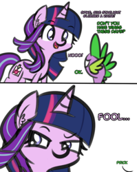 Size: 1161x1459 | Tagged: safe, artist:artiks, spike, starlight glimmer, dragon, pony, unicorn, g4, 2 panel comic, atg 2018, comic, cute, dialogue, ear fluff, fake cutie mark, female, funny, male, mare, newbie artist training grounds, paper-thin disguise, simple background, tape, twilight wig, white background