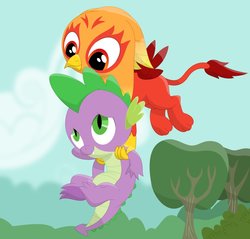 Size: 915x873 | Tagged: safe, artist:porygon2z, spike, oc, oc:heatwave, dragon, griffon, g4, chickub, claws, duo, flying, forest, griffon oc, holding a dragon, male, paws